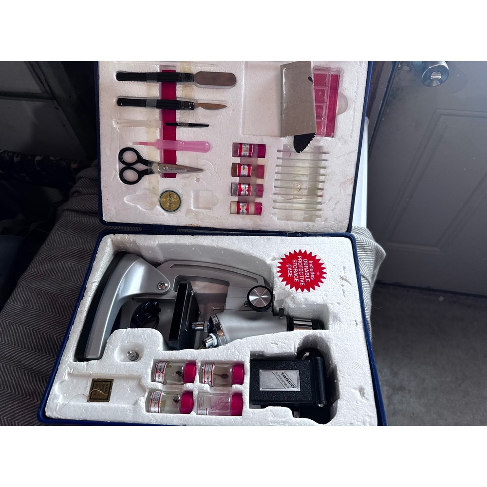 Tasco Microscope Set Vintage Silver with Blue Case and Science Accessories